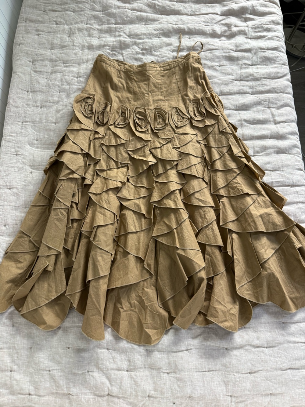 Cordelia Casual Brown Bubble Midi Skirt with Ruffled Tiers Size XS